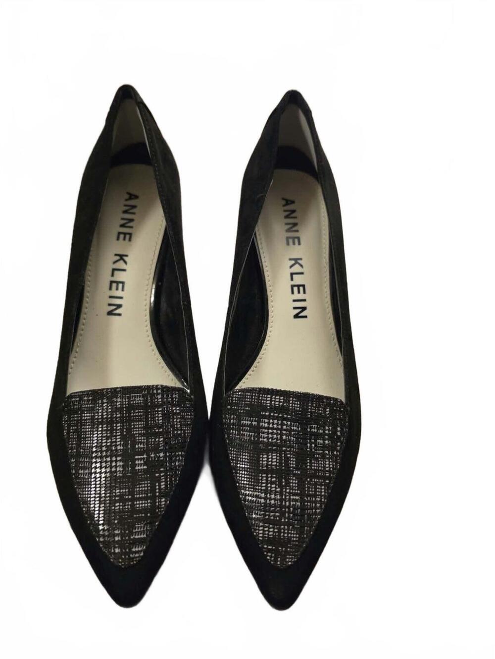 Anne Klein Black Suede Kitten Heel Loafers with Patterned Toe